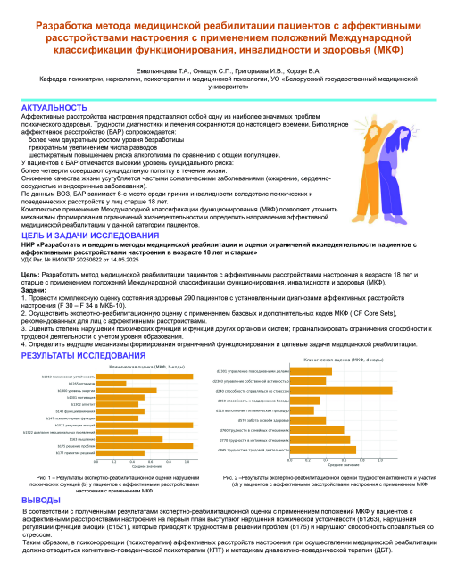 Разработка метода медицинской реабилитации пациентов с аффективными расстройствами настроения с применением положений Международной классификации функционирования, инвалидности и здоровья (МКФ)