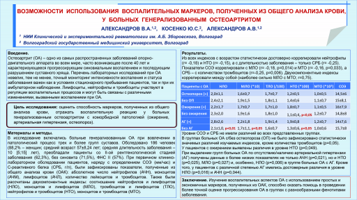 Возможности использования воспалительных маркеров, полученных из общего анализа крови, у больных генерализованным остеоартритом