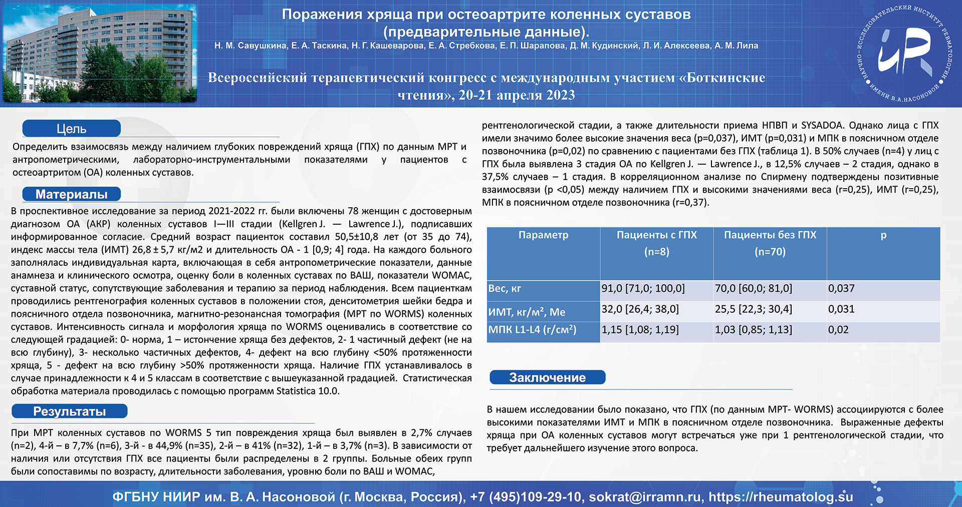 Поражения хряща при остеоартрите коленных суставов (предварительные данные)