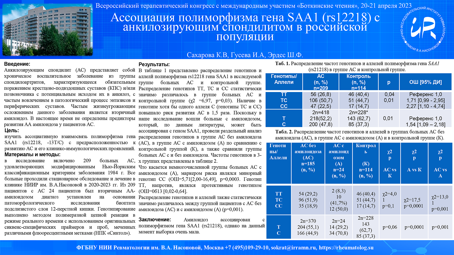 Ассоциация полиморфизма гена SAA1 (rs12218) с анкилозирующим спондилитом в российской популяции